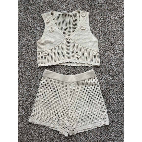Cha Cha Other - NEW Cha Cha Crochet Two Piece Set Small Cream Floral Applique Boho Scallop Hem